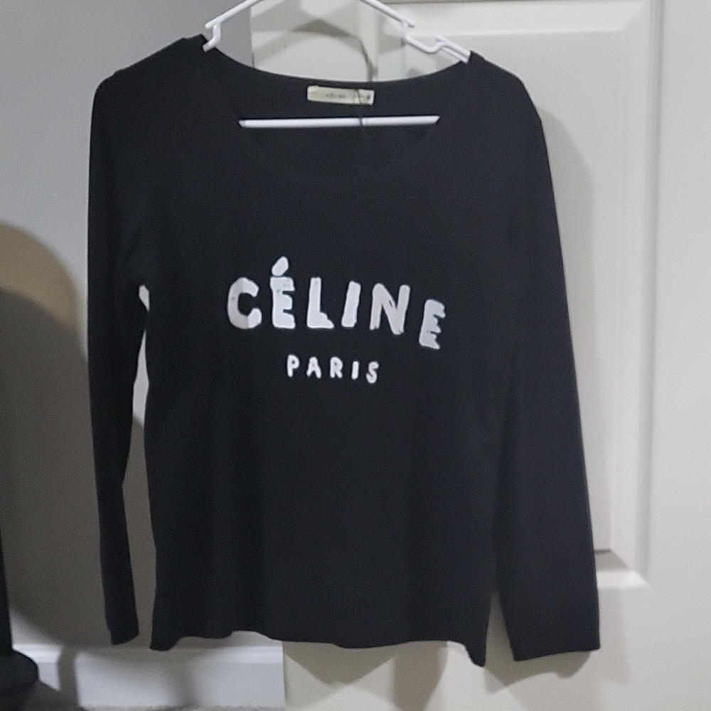 Celine Black Long Sleeve Logo Top with White Print